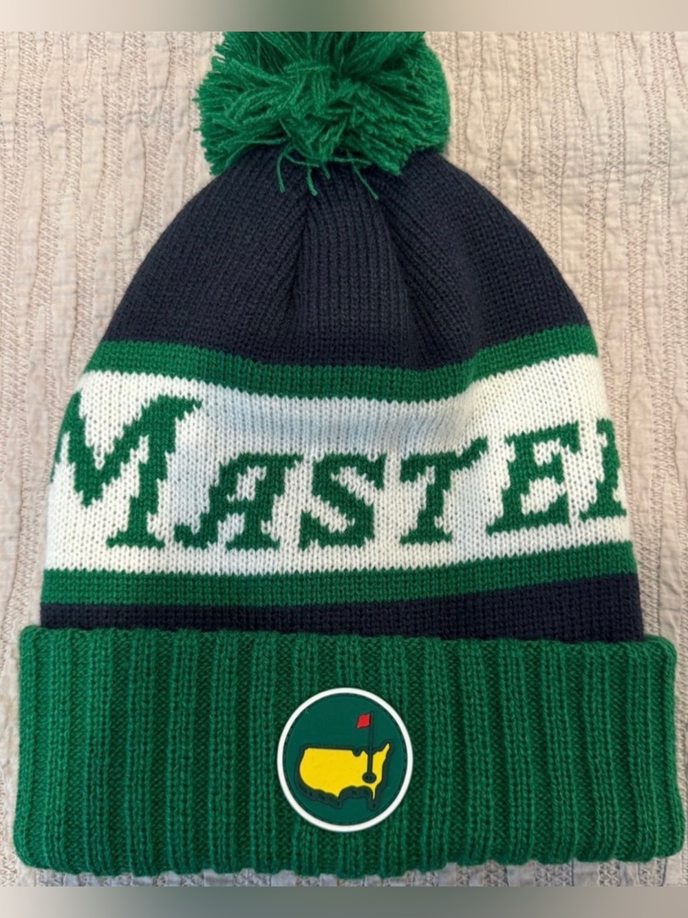 Masters Green and Black Knit Beanie with Pom